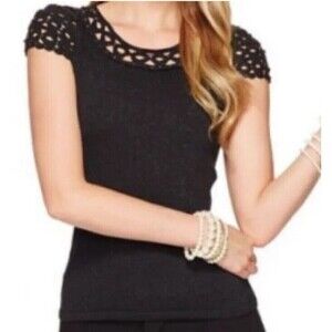 Lilly Pulitzer KATHLEEN Black Metallic Crocheted Sleeve Sweater Top Size XL